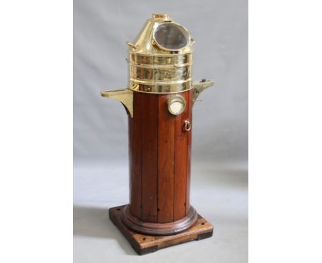 An early 20th Century teak and brass ships binnacle, fitted with gimbal compass and complete with polarity sphered, 145cm hig
