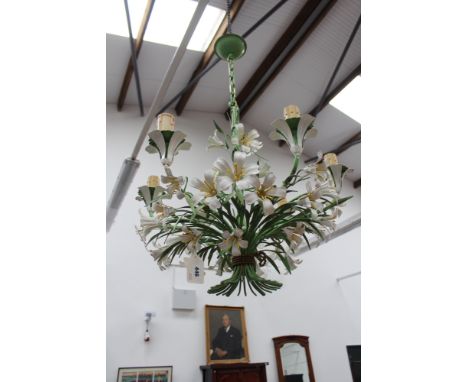 A pair of Continental polychrome tole six light "lily" chandeliers, 60cm high x 55cm diameter