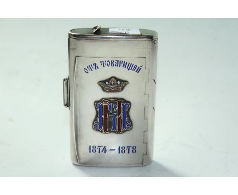 A late 19th Century Imperial Russian silver and enamelled cigarette case, fitted for a tinder cord, by Sazikov, bearing the f