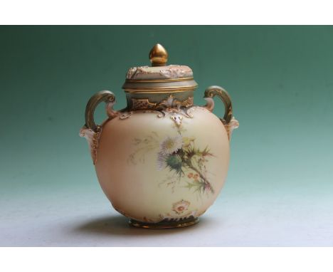 A Royal Worcester two handled lidded pot pourri, painted with thistle designs, 16cm high