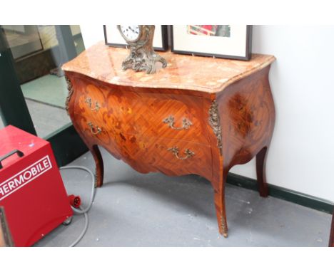 A Louis XV style marquetry inlaid two drawer commode, with shaped marble top and ormolu mounts, 102cm wide