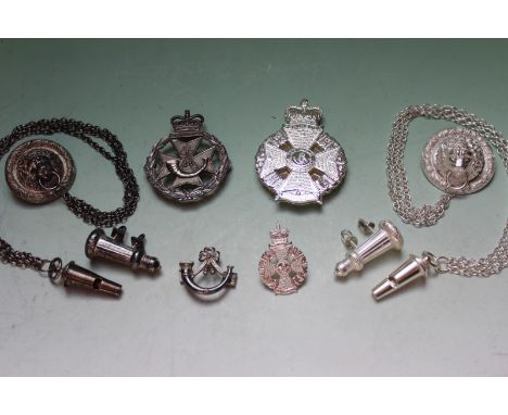 Hallmarked silver Royal Green Jackets cross belt chain and whistle , and other related items