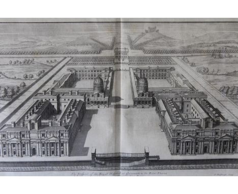 After Charles Campbell. two early architectural prints:The Royal Hospital, Greenwich and Althrop, Northamptonshire, the large