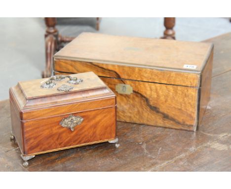 A Victorian brass inlaid burr walnut writing box, with fitted interior, and an inlaid mahogany Georgian tea caddy