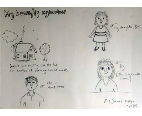 ELIS JAMES pen on paper - entitled 'My House / Fy Nghartref' with self-portrait and family with a chocolate-box type cottage,