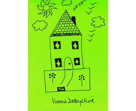 VICTORIA DERBYSHIRE pen on paper - drawing of house in the form of a propelled rocket, signed, 29 x 20cms