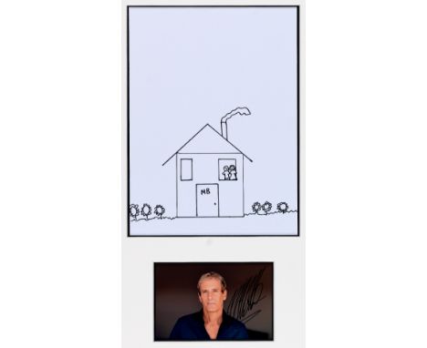 MICHAEL BOLTON pen on paper - house with two figures about to jump from upstairs window as a sock blows in the wind from the 
