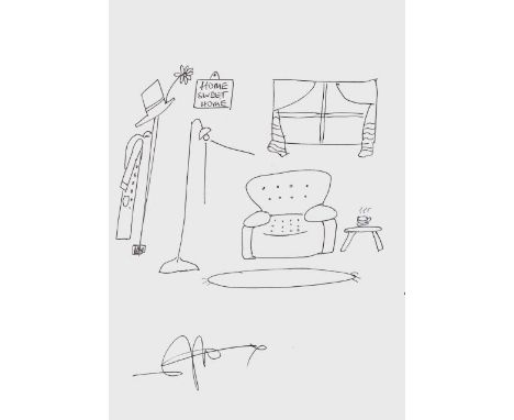 STEPHEN K AMOS pen on paper - competent interior scene doodle, entitled 'Home Sweet Home', signed, 29 x 20cms