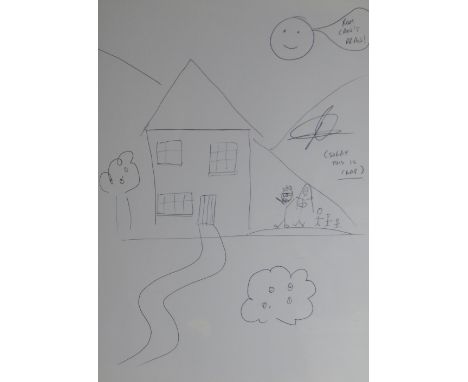 ROMESH RANGANATHAN pen on paper - childlike house with figures and happy-sun, inscribed 'Rom Can't Draw', signed, 29 x 20cms