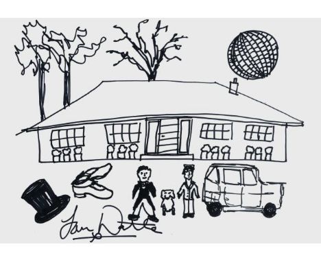IAN WAITE pen on paper - house with figures and mirror-ball sun, entitled 'Living at Number 10 (from Len)', signed, 20 x 29cm