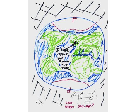RICHARD HERRING pen on paper - coloured drawing of the world with flirtatious inscription 'I Live Here, Pop 'Round Any Time',