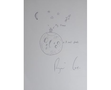 PROF. BRIAN COX pen on paper - doodle-diagram with the scientist's house featuring on top of the world, signed, 29 x 20cms