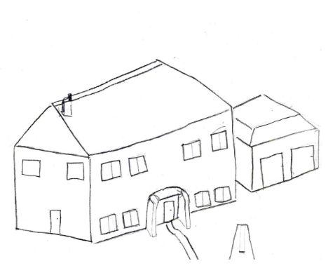 TOM SHANKLIN pen on paper - drawing of large house with important double garage, signed, 20 x 29cms Auctioneer's Note: the ar