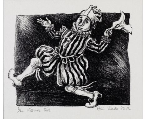 GINI WADE lithograph limited edition (16/20) - figure, entitled 'Festive Fool', signed &amp; dated 2012, unframed, 16 x 19cms