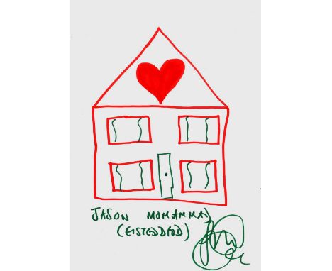 JASON MOHAMMAD pen on paper - red and green house with great big lovely heart in roof, signed, 29 x 20cms