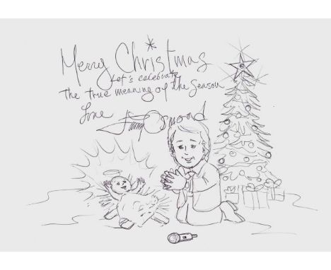 JIMMY OSMOND pen on paper - self-portrait opening presents beside the tree, entitled 'Let's Celebrate the True Meaning of Chr