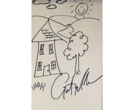 GARETH MALONE pen on paper - an arrow shaped house with simple tree &amp; happy sun, signed, 28 x 19cms