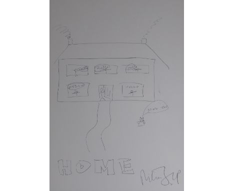 MILES JUPP pen on paper - child-like study with naive meaowing cat, entitled 'Home', signed, 29 x 20cms