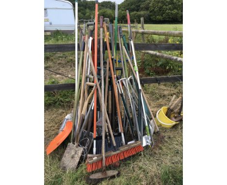 A collection of garden tools including spades forks rakes (a lot)