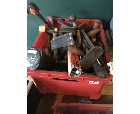 Box of tools including vintage chisels
