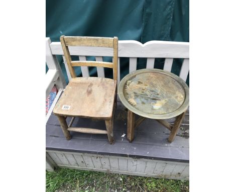 Vintage school chairBrass tray on stand