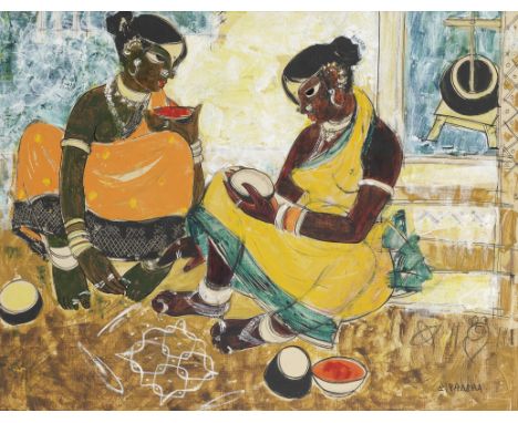 B. Prabha (Indian, 1933-2001)Untitled (Village Scene) signed 'B Prabha' lower right, executed circa early 1950sink and gouach