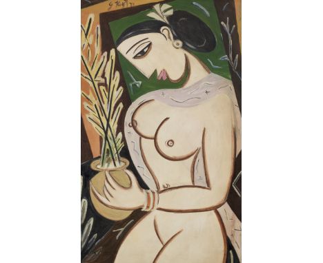 George Keyt (Sri Lankan, 1901-1993)Untitled (Woman with a Vase) signed 'G Keyt' 71 upper leftoil on canvas, framed98 x 60.3cm