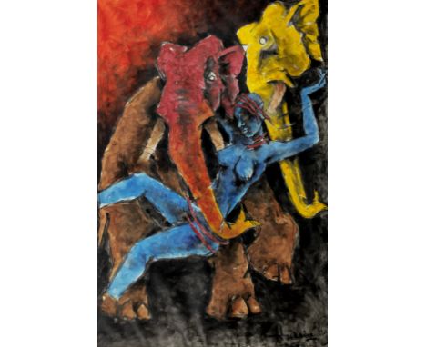 Maqbool Fida Husain (Indian, 1915-2011)Untitled (Bhil Tribals) signed lower right and signed and dated 5/VIII/006 versoacryli