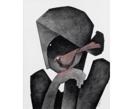 Ashok Bhowmick (Indian, B. 1953)Untitled (Lady with bird) signed and dated Ashok '03 lower rightmixed media on card, framed49