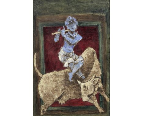 Maqbool Fida Husain (Indian, 1915-2011)Untiled (Blue boy atop Nandini) signed in Devanagiri upper right and signed and dated 