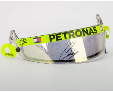This remarkable visor was used by the seven-time Formula 1 World Champion, Lewis Hamilton, during Free Practice at the 2024 M