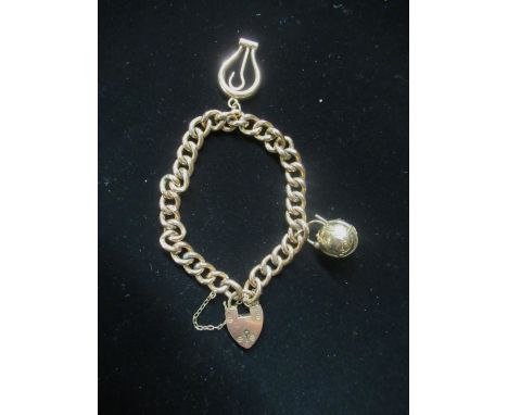 9ct rose gold charm bracelet with heart padlock clasp and safety chain stamped, 9C 17.6g 
