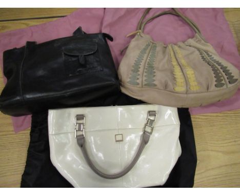 Radley black leather ladies handbag complete with dust cover, Radley light tan ladies handbag with two division interior and 