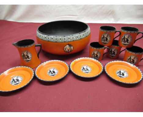 Carlton Ware orange black and white bowl with black and white decoration of children playing, five small coffee cans of simil