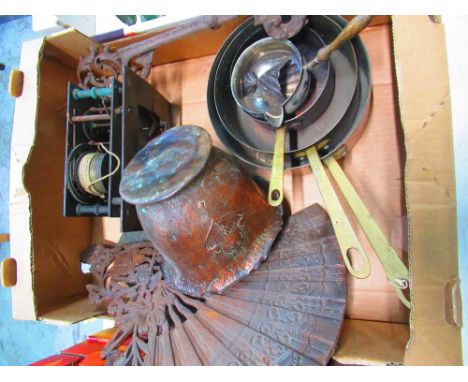 Arts and crafts copper jardiniere, early C19 8 day long case clock movement, cast iron bracket, cast metal fan shaped trivet,