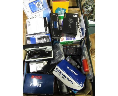 Collection of various compact film and digital cameras including a boxed and cased Olympus XA2, an Olympus AFL Quick Flash, F