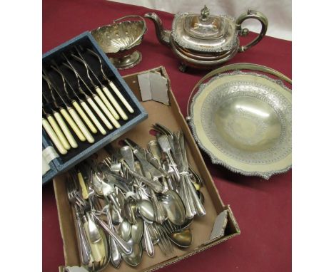 C19th Sheffield plate tea pot with scroll handle, gadrooned edge on lion paw feet, late C19th silver plated bonbon dish, earl