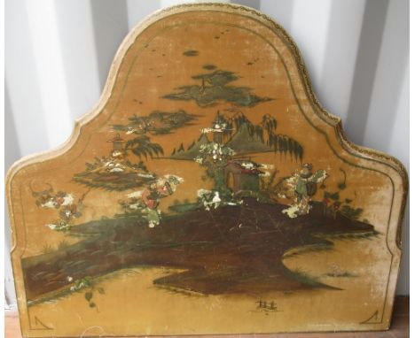 Blue Chinoiserie decorated standard lamp on four ball feet H148cm, yellow Chinoiserie decorated single headboard W92cm H77cm 