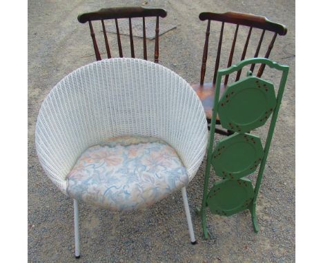 Lloyd Loom woven fibre tub chair on outsplayed metal supports, vintage painted three tier folding cake stand, pair of early C
