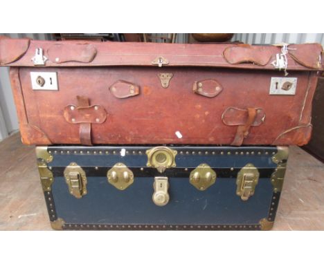 Vintage leather suitcases with GWR Torquay and label W90cm D55cm H32cm, blue cabin type trunk with brass studded detail and c