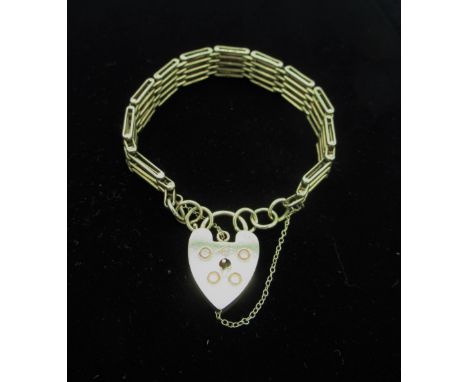 9ct gold five bar gate bracelet with heart padlock and safety chain, stamped 9ct 19.5g 