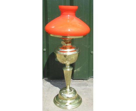 Jon Culshaw Collection - Edwardian style brass oil lamp, opaque orange shade on leaf moulded column and stepped domed circula