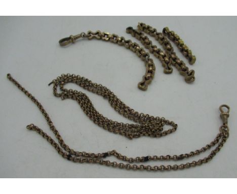 Edwardian 9ct rose gold muff chain clasp stamped 9c L43cm (AF) and Victorian 9ct gold fancy box link single albert clasp stam