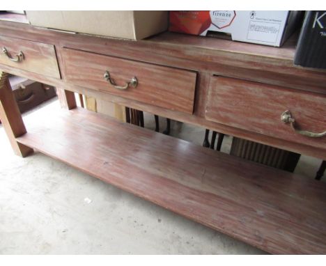 Vintage waxed finished pot board type dresser with three drawers on square tapered supports W176cm D53cm H76cm 