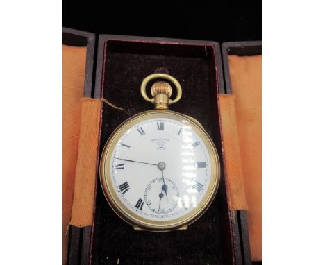 Late C19th/early C20th Keystone open faced keyless pocket watch. 10ct Dennison Moon rolled gold case. Keystone USA half plate