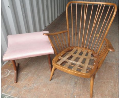 Light Ercol stick back low armchair (lacks cushions) and a mid century teak dressing table stool with curved upholstered top 