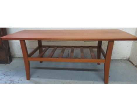 Mid century teak rectangular two tier coffee table on square supports W105cm D43cm H40cm and a light wood standard lamp with 