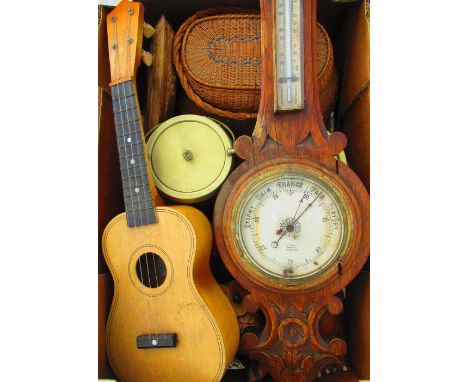Edwardian oak cased aneroid Barometer and Thermometer by J Hall, Bradford, two EPNS mounted oak biscuit barrels, vintage tie 