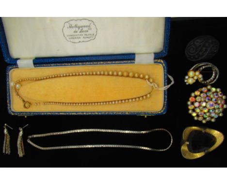 Collection of costume brooches including Whitby jet, white metal flat curb chain necklace, a pair of three tone tassel earrin