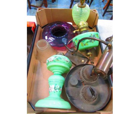 1930's anodized desk lamp with adjustable shade, Victorian opaque green glass oil lamp with hand painted decoration and other